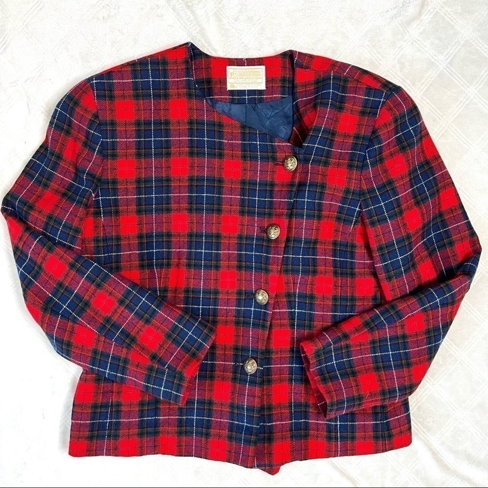 Vintage 80’s Pendleton Wool Plaid Suit Coat Tartan Hunting Blazer Jacket Size 8 - Picture 11 of 14